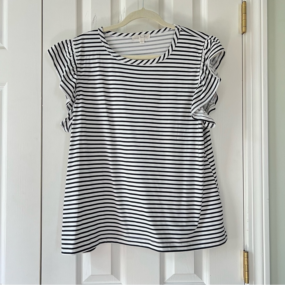 Nine Britton Black and White Striped Ruffle Sleeve Tee